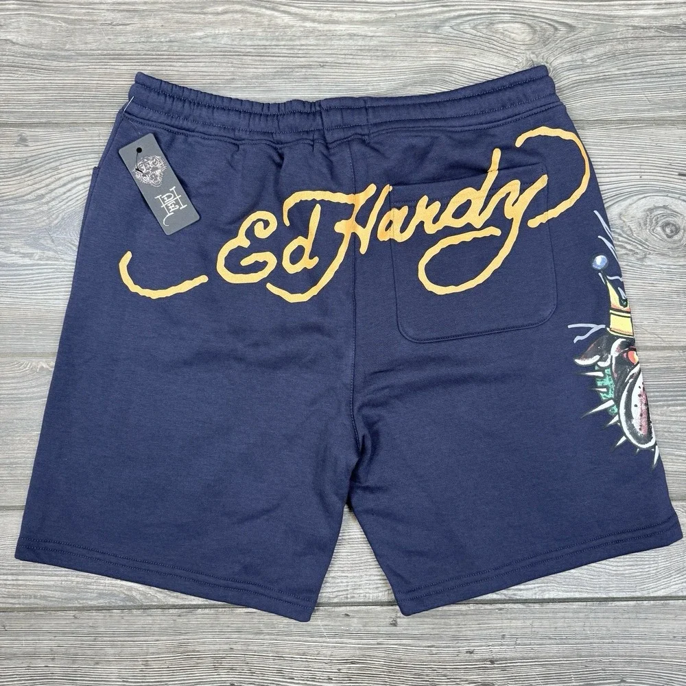 Ed Hardy Fleece Sweats Shorts Graphic Bulldog  Drawstring Navy Mens LARGE NWT - Picture 6 of 8